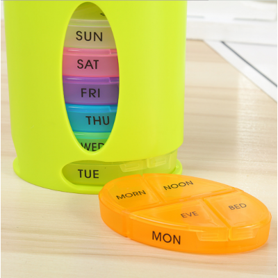 Newly hot sale weekly 7 days round rotating press button plastic timer pill tablet capsule box